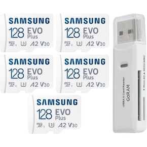 Samsung EVO Plus 128GB (5 Pack) MicroSDXC 130MB/s Class 10 Micro SD Card with Adapter (MB-MC128KA) Bundle with (1) GoRAM Card Reader (128GB)