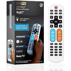 UltraPro BigEZ OneTouch Big Button Universal TV Remote for Seniors, Easy to Use, Replacement Remote for Samsung, LG, Sony, Vizio, Roku TV, Streaming Players, Backlit Buttons, 2 Device, White, 85053