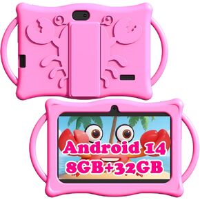 Android 14 Kids Tablet 7 بوصة أقراص للأطفال ، ذاكرة الوصول العشوائي بسعة 8 جيجا بايت ذاكرة الوصول العشوائي 32 جيجابايت رباعية رباعية اللون مع حالة مقاومة للصدمة ، والتحكم في الوالدين ، واي فاي ، بلوتوث ، بطارية 3000 مللي أمبير في الساعة ، الكاميرا المزدوج