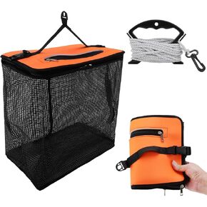 Floating Fishing Basket Nylon Foldable Quick Drying Fishing Net Storage Cage with 6M Rope for Caught Fish Black and