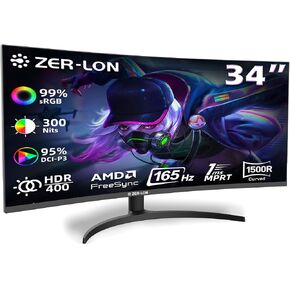 34 Inch Curved Gaming Monitor, 3440x1440 165Hz Ultrawide Computer Monitor, Tilt/Height/Pivot Adjustment, HDR400 1500R -PIP 1ms(MPRT) ‌99% sRGB, DCI-P3 95%, HDMI2.0 X2, DP1.4 X2 Port