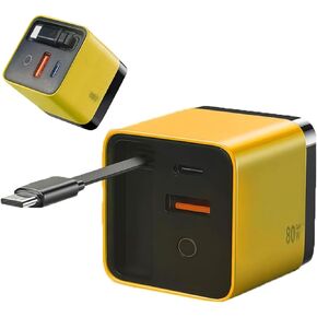 3 in 1 Gan Charger, Scalable 80w Max Fast Charger Module with Type-C Cable and 2 USB Ports for iPhone, Torbe 80 Watt All in One Retractable Phone Wall Plug (Yellow)