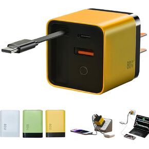 Tobre 3 in 1 GaN Charger 80W,Scalable 80W Max Fast Charging Block with Type-C Cable & 2 USB Ports,80 Watt All in One Charger Retractable Cable for iPhone 16/15/14,Galaxy S25,Pixel,iPad,Laptops,Airpods