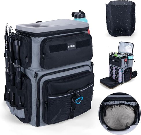 Goture Fishing Backpack with Cooler, 66L 600D Tackle Backpack with 3 Rod Holders, EVA Cover, Helmet Holder, Rain Cover, Saltwater Large Fishing Bag for Camping Hiking, Gear Storage Bag, Gifts for Men in Saudi Arabia