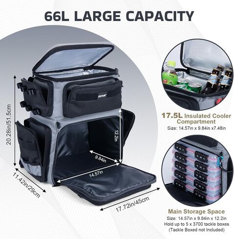 Goture Fishing Backpack with Cooler, 66L 600D Tackle Backpack with 3 Rod Holders, EVA Cover, Helmet Holder, Rain Cover, Saltwater Large Fishing Bag for Camping Hiking, Gear Storage Bag, Gifts for Men in Saudi Arabia