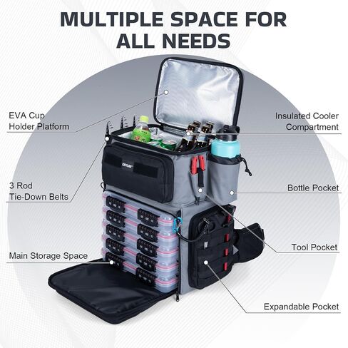 Goture Fishing Backpack with Cooler, 66L 600D Tackle Backpack with 3 Rod Holders, EVA Cover, Helmet Holder, Rain Cover, Saltwater Large Fishing Bag for Camping Hiking, Gear Storage Bag, Gifts for Men in Saudi Arabia