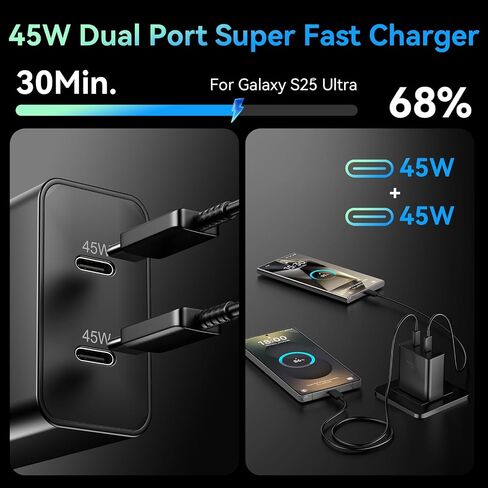 45W Super Fast Charger 2Port Type C Charger Fast Charging 10FT USB C Cord with Android Phone Charger Block for Samsung Galaxy S25 Ultra/S25+/S24/S24 Ultra/S23/S22/S20/Note10+/Tab S9,2Pack in Saudi Arabia
