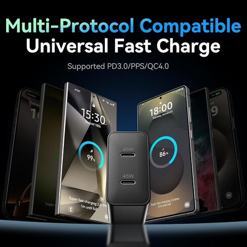 45W Super Fast Charger 2Port Type C Charger Fast Charging 10FT USB C Cord with Android Phone Charger Block for Samsung Galaxy S25 Ultra/S25+/S24/S24 Ultra/S23/S22/S20/Note10+/Tab S9,2Pack in Saudi Arabia