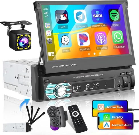 Wireless Apple Carplay Single Din Car Stereo 7 Inch IPS Folding Capacitive Touch Screen Car Radio with Android Auto Bluetooth Mirror Link, Hikity Car Audio Receiver with FM Radio SWC in Saudi Arabia
