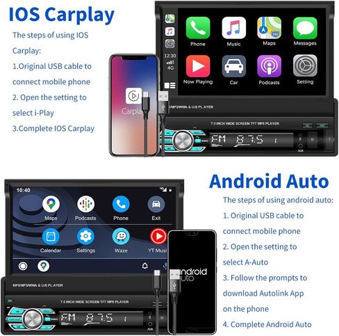 Wireless Apple Carplay Single Din Car Stereo 7 Inch IPS Folding Capacitive Touch Screen Car Radio with Android Auto Bluetooth Mirror Link, Hikity Car Audio Receiver with FM Radio SWC in Saudi Arabia