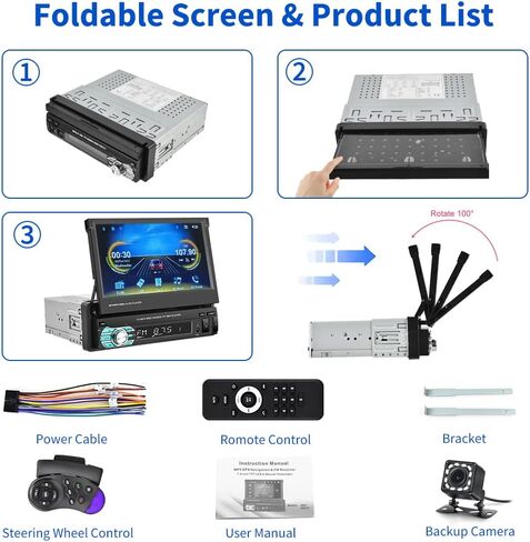 Wireless Apple Carplay Single Din Car Stereo 7 Inch IPS Folding Capacitive Touch Screen Car Radio with Android Auto Bluetooth Mirror Link, Hikity Car Audio Receiver with FM Radio SWC in Saudi Arabia