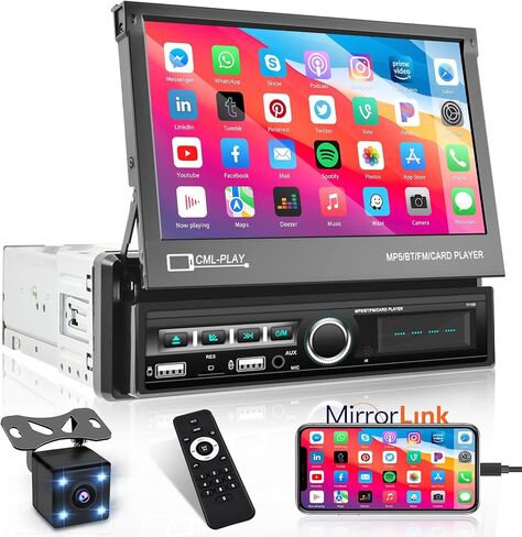 Wireless Apple Carplay Single Din Car Stereo 7 Inch IPS Folding Capacitive Touch Screen Car Radio with Android Auto Bluetooth Mirror Link, Hikity Car Audio Receiver with FM Radio SWC in Saudi Arabia