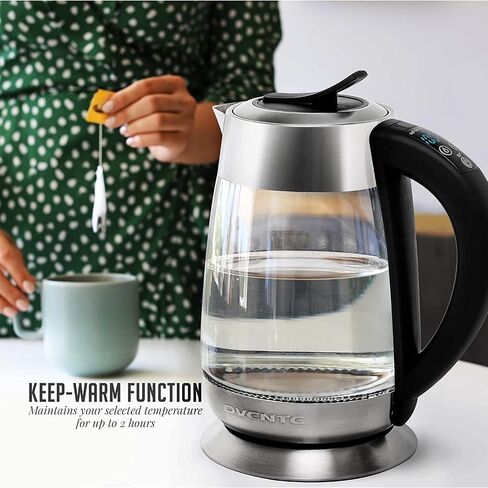 OVENTE Electric Kettle 1500W Fast Boiling Water Heater with 1.7L Double Wall Insulated Borosilicate Glass Interior, Digital Touchscreen, Keep Warm, Auto-Shut Off and Boil-Dry Protection, Black KD96B in Saudi Arabia