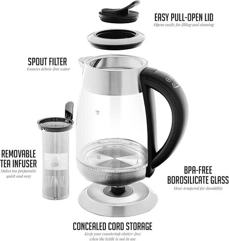 OVENTE Electric Kettle 1500W Fast Boiling Water Heater with 1.7L Double Wall Insulated Borosilicate Glass Interior, Digital Touchscreen, Keep Warm, Auto-Shut Off and Boil-Dry Protection, Black KD96B in Saudi Arabia