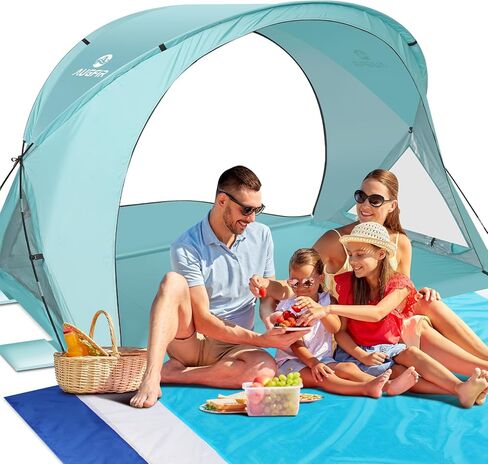 Beach Tent Sun Shelter, Beach Tent with Beach Mat Set, 4 Person Portable Beach Shade Canopy with UPF 50＋ UV Protection, Dual-Door Ventilation Design, Easy Setup Family Beach Umbrella (Blue) in Kuwait