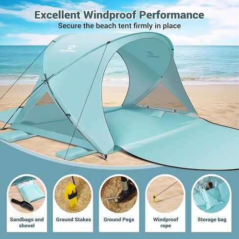 Beach Tent Sun Shelter, Beach Tent with Beach Mat Set, 4 Person Portable Beach Shade Canopy with UPF 50＋ UV Protection, Dual-Door Ventilation Design, Easy Setup Family Beach Umbrella (Blue) in Kuwait
