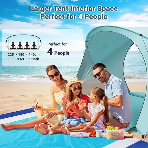Beach Tent Sun Shelter, Beach Tent with Beach Mat Set, 4 Person Portable Beach Shade Canopy with UPF 50＋ UV Protection, Dual-Door Ventilation Design, Easy Setup Family Beach Umbrella (Blue) in Kuwait