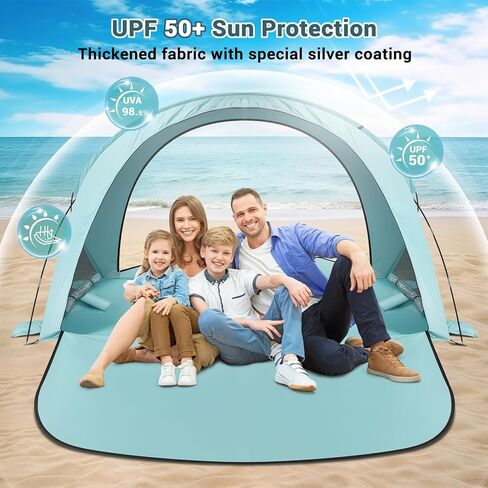 Beach Tent Sun Shelter, Beach Tent with Beach Mat Set, 4 Person Portable Beach Shade Canopy with UPF 50＋ UV Protection, Dual-Door Ventilation Design, Easy Setup Family Beach Umbrella (Blue) in Kuwait