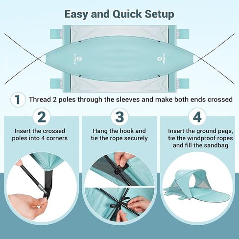 Beach Tent Sun Shelter, Beach Tent with Beach Mat Set, 4 Person Portable Beach Shade Canopy with UPF 50＋ UV Protection, Dual-Door Ventilation Design, Easy Setup Family Beach Umbrella (Blue) in Kuwait