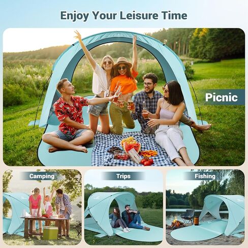 Beach Tent Sun Shelter, Beach Tent with Beach Mat Set, 4 Person Portable Beach Shade Canopy with UPF 50＋ UV Protection, Dual-Door Ventilation Design, Easy Setup Family Beach Umbrella (Blue) in Kuwait