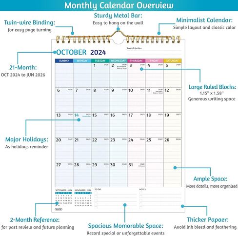 Wall Calendar 2024-2025 – Apr.2024 - Sep.2025, Calendar 2024-2025 Wall, 18 Monthly Calendar, 12 x 17 In, 2024-25 Calendar with Large Blocks, Thick Paper, Holidays, To-do ＆ Notes, Great for Organizing in Saudi Arabia