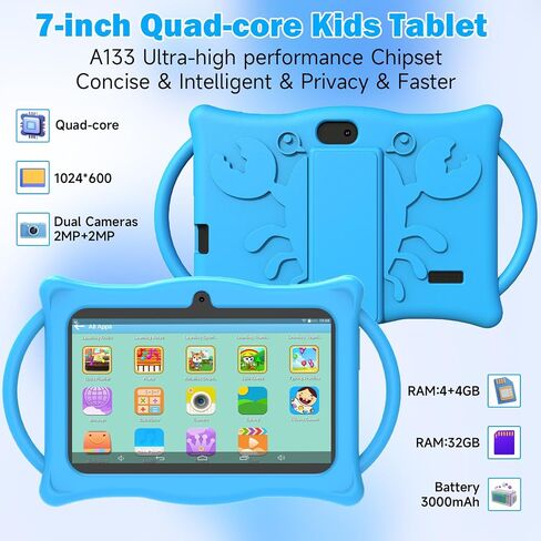 Android 14 Kids Tablet 7 بوصة أقراص للأطفال ، ذاكرة الوصول العشوائي بسعة 8 جيجا بايت ذاكرة الوصول العشوائي 32 جيجابايت رباعية رباعية اللون مع حالة مقاومة للصدمة ، والتحكم في الوالدين ، واي فاي ، بلوتوث ، بطارية 3000 مللي أمبير في الساعة ، الكاميرا المزدوج in Kuwait