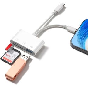 SD Card Reader for iPhone Android, Memory Card Reader Built-in Dual iOS & USB C Connector Card Reader with USB-A/SD/MicroSD 3 Slots, No Application Required Plug and Play