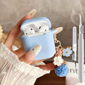 Cute Pink Case for Airpods 4 Cover for Girl Women with Pom pom Flower Keychain & Cleaner Kit, Soft Silicone Airpods iPod 4 Gen Protective Cover Skin for Airpod 4 Pink