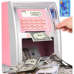Mini Toy ATM Savings Bank, Pink Piggy Bank Machine for Real Money with Card, Bill Feeder, Coin Reader, Balance Calculator Safe Box for Kids Adults in Kuwait