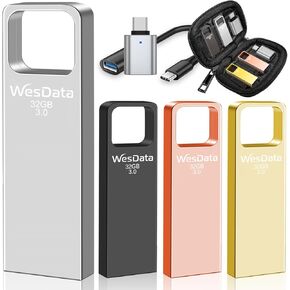 32GB USB 3.0 Flash Drive 4-Pack with USB-C Adapters, Metal Mini Design, 100MB/s Read Speed, Storage Case Included, Pink Gold Gray Silver