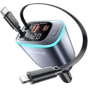 iPhone Car Charger, Retractable Fast USB C Phone Charger, 4 in 1 Cigarette Lighter Adapter with 2 Cables 30 Inch and 2 USB Ports, Multi Port USB Car Charging for iPhone 16/15/14/13/Pro Max