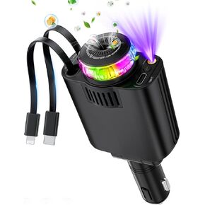 Starlight Retractable Car Charger with Aromatherapy, 5 in 1 Fast Charging 66W Car Phone Charger Adapter, USB C Car Accessories Compatible with iPhone 16/15/14/13/12/11 and Android (Black)