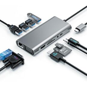 USB C Hub Docking Station, 11-in-1 Multiport Adapter Dongle with 4K HDMI, VGA, USB 3.0 5 Gbps, SD/TF Card Reader, Type C PD, 3.5mm Audio, Ethernet, Compatible for Macbook Mac HP Dell Lenovo Laptops PC