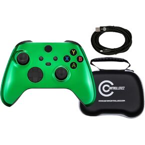 Custom Controllerzz Green Chrome Controller Bundle – Includes Green Chrome Custom Wireless Controller for Xbox Series X/S, Xbox One, PC & Braided USB-C Cable & Universal Protective Case