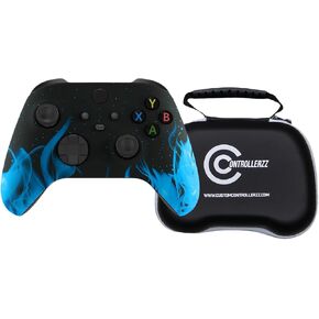 Custom Controllerzz Blue Flame Controller & Case Bundle – Includes Blue Flame Custom Wireless Controller for Xbox Series X/S, Xbox One, PC & Universal Protective Travel Case