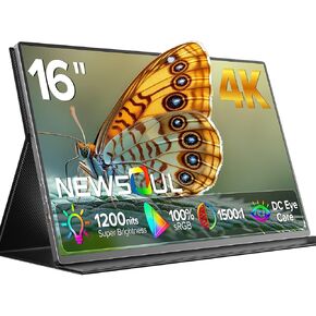 Newsoul 4K Portable Monitor, 3840 * 2400 UHD 16" Gaming Monitor 1200Nits 1500:1 100% sRGB IPS FreeSync Laptop Monitor with VESA & Cover Built-in USB-C HDMI Portable Screen for Phone Game Console