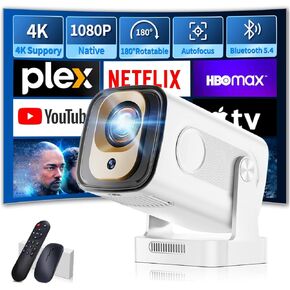 MINI Projector 1080p مع WiFi 6 و Bluetooth 5.4 ، Full HD Projector ميزات Auto Focus و Keystone ، جهاز عرض محمول مدفوع التطبيق المدمج 270 درجة ، متوافق مع الهاتف/HDMI/USB - أبيض
