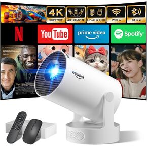 [Built-in Apps & 2025 Upgraded] Mini Projector with WiFi 6 and Bluetooth 5.4 Support 4K 1080P Auto Keystone 180° Rotatable Projector Portable Compatibile with HDMI/TV Stick/Memory Stick/Laptop, White