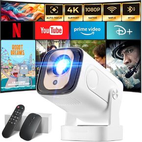 Projector [Auto Focus & 1080P Native & Bulit-in Apps] Projector 4K Support Auto Correction WiFi 6 Bluetooth 5.4 Mini Portable Projector Compatible with HDMI/TV Stick/Memory Stick/Laptop, White