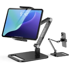 Tablet Stand Holder for iPad, Portable Monitor Stand Holder 15.6'',17.3'', Aluminum Alloy Foldable Arm Mount with 360° Swivel Desk Mount Compatible with 4.7-17.3inch Tablet, Cell Phone (Black)