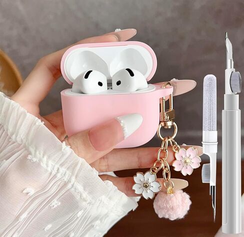 Cute Pink Case for Airpods 4 Cover for Girl Women with Pom pom Flower Keychain & Cleaner Kit, Soft Silicone Airpods iPod 4 Gen Protective Cover Skin for Airpod 4 Pink in Kuwait