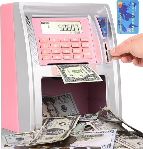 Mini Toy ATM Savings Bank, Pink Piggy Bank Machine for Real Money with Card, Bill Feeder, Coin Reader, Balance Calculator Safe Box for Kids Adults in Kuwait