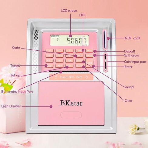 Mini Toy ATM Savings Bank, Pink Piggy Bank Machine for Real Money with Card, Bill Feeder, Coin Reader, Balance Calculator Safe Box for Kids Adults in Kuwait
