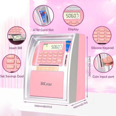 Mini Toy ATM Savings Bank, Pink Piggy Bank Machine for Real Money with Card, Bill Feeder, Coin Reader, Balance Calculator Safe Box for Kids Adults in Kuwait