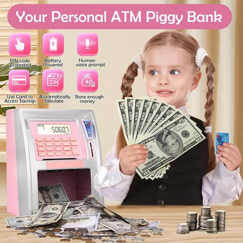 Mini Toy ATM Savings Bank, Pink Piggy Bank Machine for Real Money with Card, Bill Feeder, Coin Reader, Balance Calculator Safe Box for Kids Adults in Kuwait