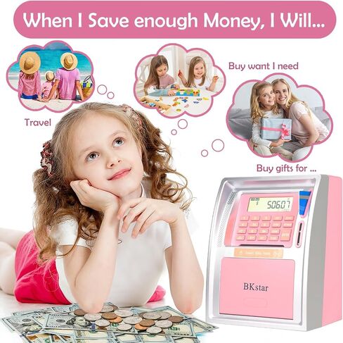 Mini Toy ATM Savings Bank, Pink Piggy Bank Machine for Real Money with Card, Bill Feeder, Coin Reader, Balance Calculator Safe Box for Kids Adults in Kuwait