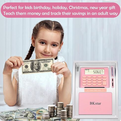 Mini Toy ATM Savings Bank, Pink Piggy Bank Machine for Real Money with Card, Bill Feeder, Coin Reader, Balance Calculator Safe Box for Kids Adults in Kuwait