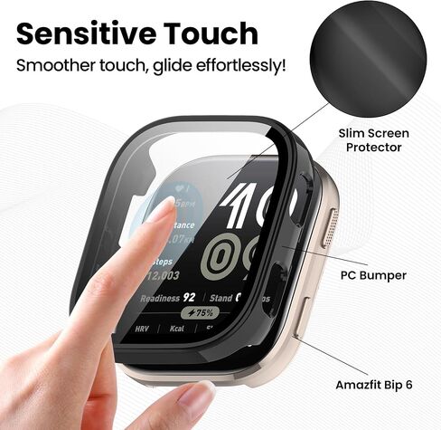 CASE متوافق مع غطاء الساعات الذكية Amazfit BIP 6 ، غطاء واقعي قوي للغاية من أجهزة الكمبيوتر الشخصية مع فيلم زجاجي مقسى لملحقات Amazfit Bip 6 Watch (أسود) in Saudi Arabia