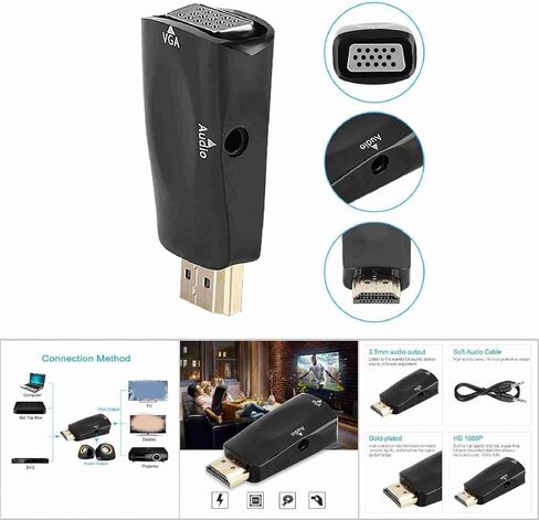 Plplaaoo HDMI إلى محول محول VGA موصلات مطلية بالذهب 1080 بكسل مع إخراج الصوت 3.5 ملم لجهاز الكمبيوتر المحمول المحمول DVD Player Projector White Black (Black) in Saudi Arabia