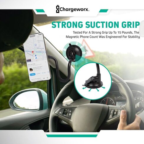 CHARGEWORX حامل الزجاج الأمامي للهواتف الذكية | حامل الهاتف الخليوي اللاسلكي للسيارات والمركبات | ذراع مرن مقاس 14.75 بوصة | قبضة آمنة ومضادة للانزلاق وحامل بزاوية 360 درجة | صدمات مضادة للطرق، المنعطفات الحادة، متينة in Kuwait
